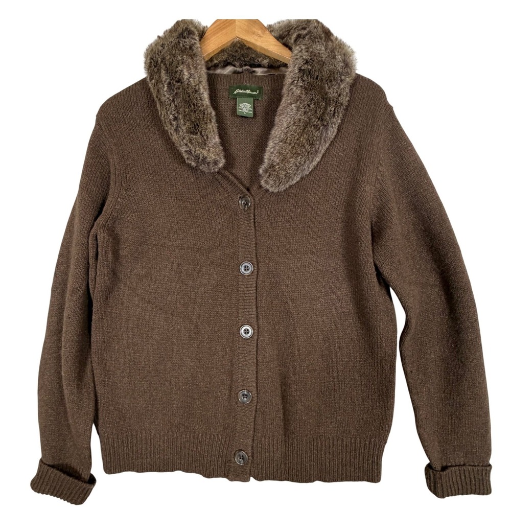 Eddie Bauer Cardigan Sweater Womens L Brown Wool Alpaca Detachable Faux Fur Trim